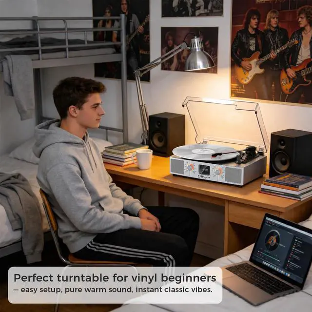 Alt view image 7 of 7 - VinylsLink Vinyl Record Player Bluetooth Turntable with Speakers, 3-Speeds LP Player, Auto Stop, USB and TF Playback, USB Recording, FM Radio, LED Display, RCA Output, AUX Input, Headphone Jack