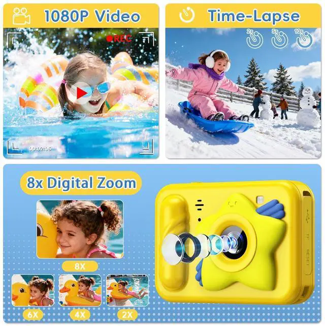 Alt view image 4 of 7 - Underwater Camera for Kids - IP68 Waterproof Camera, 48MP Dual Lens, 1080P Video Recording, Toddler Camera for Pool & Beach, Ideal Christmas Birthday Gifts for Boys Girls Age 3-12 (Lemon Yellow)