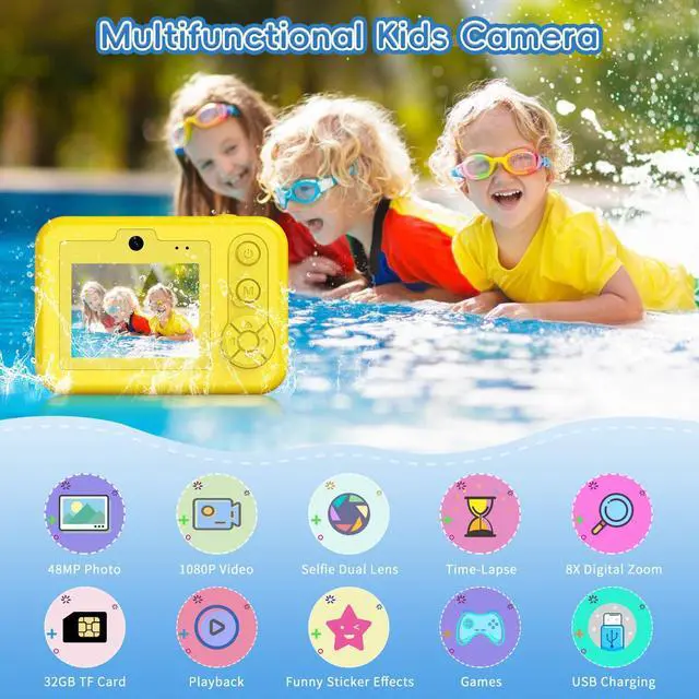 Alt view image 6 of 7 - Underwater Camera for Kids - IP68 Waterproof Camera, 48MP Dual Lens, 1080P Video Recording, Toddler Camera for Pool & Beach, Ideal Christmas Birthday Gifts for Boys Girls Age 3-12 (Lemon Yellow)
