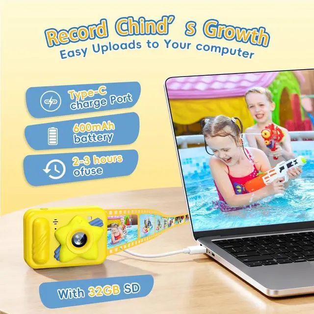 Alt view image 7 of 7 - Underwater Camera for Kids - IP68 Waterproof Camera, 48MP Dual Lens, 1080P Video Recording, Toddler Camera for Pool & Beach, Ideal Christmas Birthday Gifts for Boys Girls Age 3-12 (Lemon Yellow)