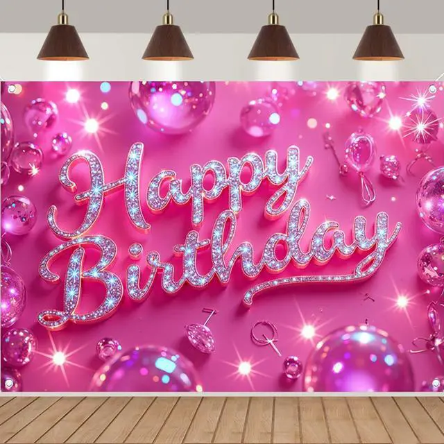 Main image of Pink Happy Birthday Backdrop for Women Hot Pink Happy Birthday Banner70.8x43.3 inch Reusable Birthday Party Decorations