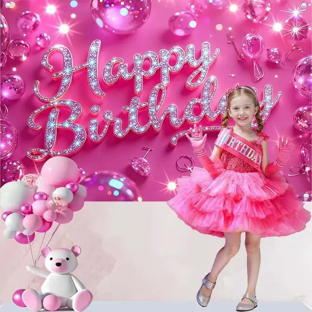 Alt view image 4 of 7 - Pink Happy Birthday Backdrop for Women Hot Pink Happy Birthday Banner70.8x43.3 inch Reusable Birthday Party Decorations
