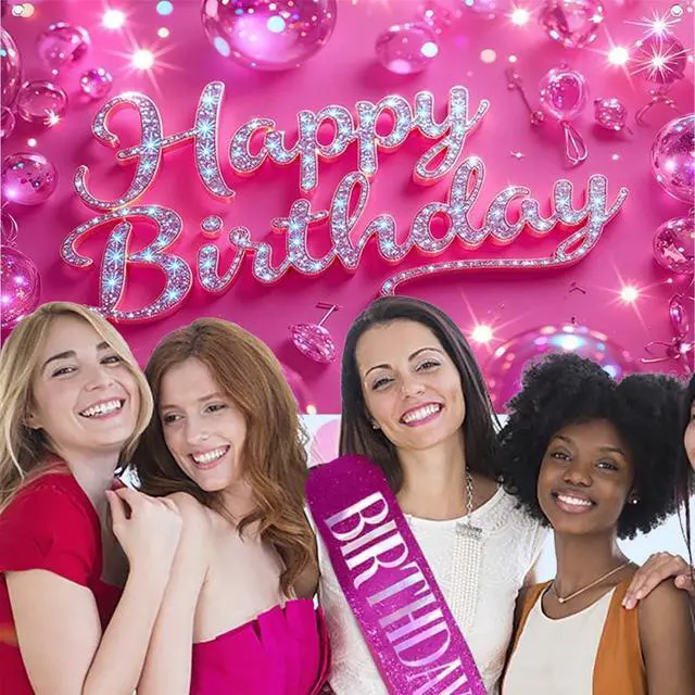 Alt view image 6 of 7 - Pink Happy Birthday Backdrop for Women Hot Pink Happy Birthday Banner70.8x43.3 inch Reusable Birthday Party Decorations