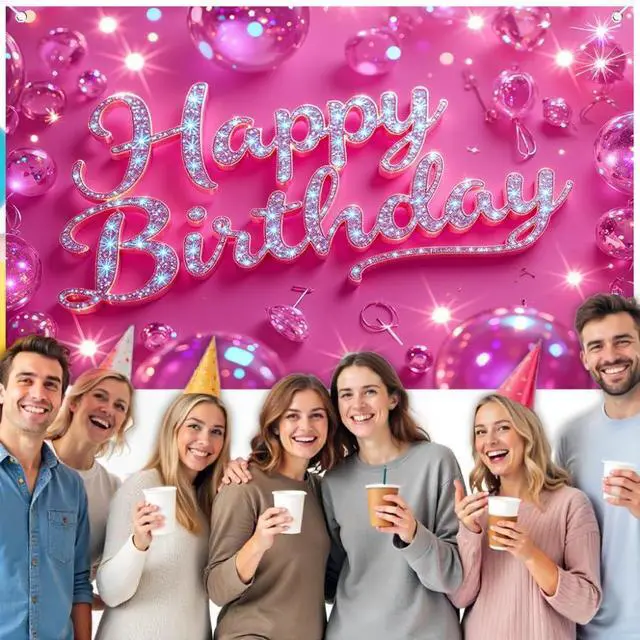 Alt view image 7 of 7 - Pink Happy Birthday Backdrop for Women Hot Pink Happy Birthday Banner70.8x43.3 inch Reusable Birthday Party Decorations