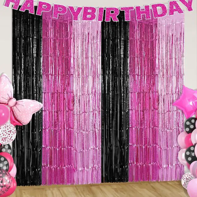 Main image of Black Pink Foil Fringe Curtains Party Decorations, 2 Pack 3.2x6.6ft Pink Black Mouse Color Tinsel Backdrop Door Streamers Photo Booth Props Mouse Birthday Party Decorations for Women Girls