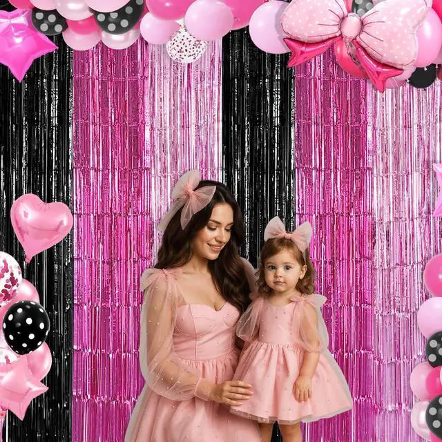 Alt view image 2 of 6 - Black Pink Foil Fringe Curtains Party Decorations, 2 Pack 3.2x6.6ft Pink Black Mouse Color Tinsel Backdrop Door Streamers Photo Booth Props Mouse Birthday Party Decorations for Women Girls