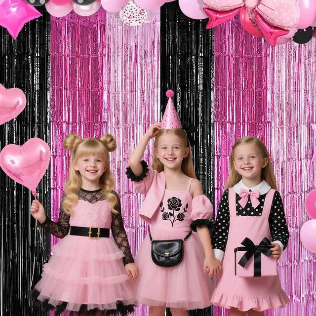 Alt view image 4 of 6 - Black Pink Foil Fringe Curtains Party Decorations, 2 Pack 3.2x6.6ft Pink Black Mouse Color Tinsel Backdrop Door Streamers Photo Booth Props Mouse Birthday Party Decorations for Women Girls