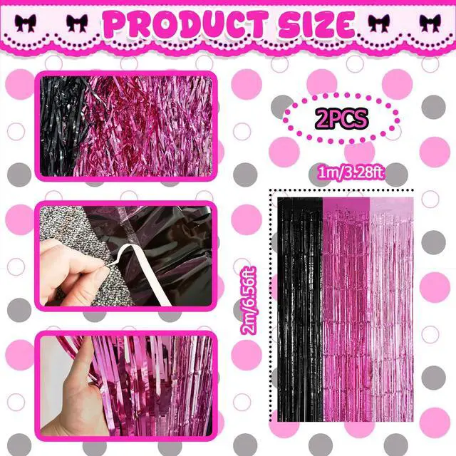 Alt view image 3 of 6 - Black Pink Foil Fringe Curtains Party Decorations, 2 Pack 3.2x6.6ft Pink Black Mouse Color Tinsel Backdrop Door Streamers Photo Booth Props Mouse Birthday Party Decorations for Women Girls