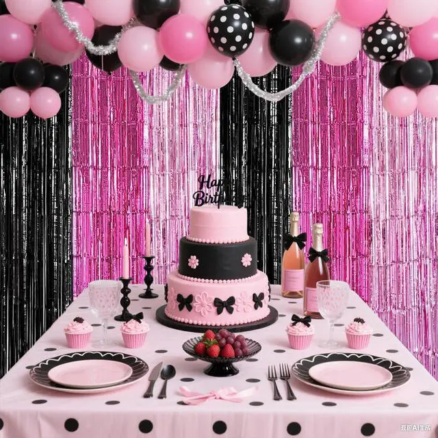 Alt view image 6 of 6 - Black Pink Foil Fringe Curtains Party Decorations, 2 Pack 3.2x6.6ft Pink Black Mouse Color Tinsel Backdrop Door Streamers Photo Booth Props Mouse Birthday Party Decorations for Women Girls