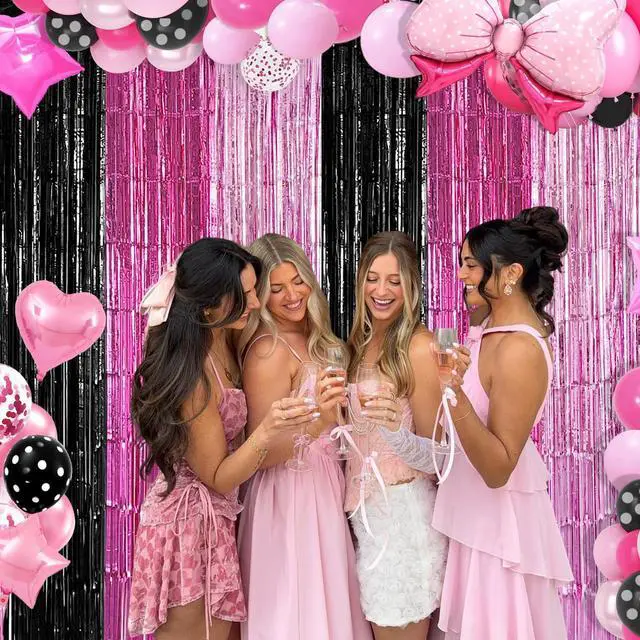 Alt view image 5 of 6 - Black Pink Foil Fringe Curtains Party Decorations, 2 Pack 3.2x6.6ft Pink Black Mouse Color Tinsel Backdrop Door Streamers Photo Booth Props Mouse Birthday Party Decorations for Women Girls