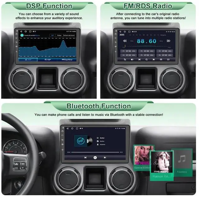 Alt view image 6 of 7 - 10" Radio Upgrade for Jeep Wrangler JK 2007-2018 Dodge Ram 1500 Compass Grand Cherokee,Android 13 2GB+32GB with Backup Camera CarPlay/Android Auto FM AM WiFi