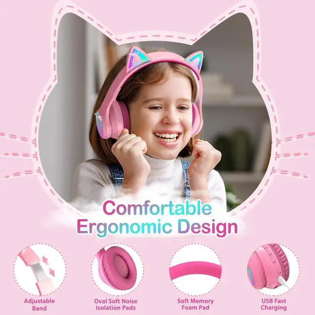 Alt view image 2 of 7 - Bluetooth 5.3 Kids Headphones with Case - RGB LED Light Up Cat Ears Foldable Adjustable Over-Ear Headset Support Wireless or 3.5mm Wired Mode for Toddler & Girls & Boys Teens (Rose Red) S16