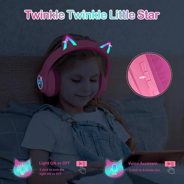Alt view image 4 of 7 - Bluetooth 5.3 Kids Headphones with Case - RGB LED Light Up Cat Ears Foldable Adjustable Over-Ear Headset Support Wireless or 3.5mm Wired Mode for Toddler & Girls & Boys Teens (Rose Red) S16