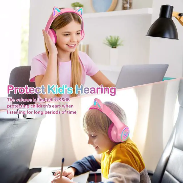 Alt view image 5 of 7 - Bluetooth 5.3 Kids Headphones with Case - RGB LED Light Up Cat Ears Foldable Adjustable Over-Ear Headset Support Wireless or 3.5mm Wired Mode for Toddler & Girls & Boys Teens (Rose Red) S16
