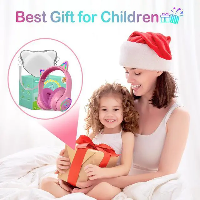 Alt view image 6 of 7 - Bluetooth 5.3 Kids Headphones with Case - RGB LED Light Up Cat Ears Foldable Adjustable Over-Ear Headset Support Wireless or 3.5mm Wired Mode for Toddler & Girls & Boys Teens (Rose Red) S16