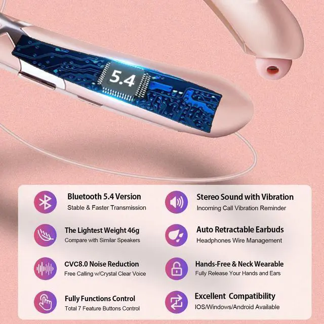 Alt view image 2 of 7 - Neckband Bluetooth Headphones, Wireless Headphone with Retractable Earbud | Bluetooth 5.4, 16Hrs Playtime, IPX5 Sweatproof, Around The Neck Headphones Stereo Headset for Sports