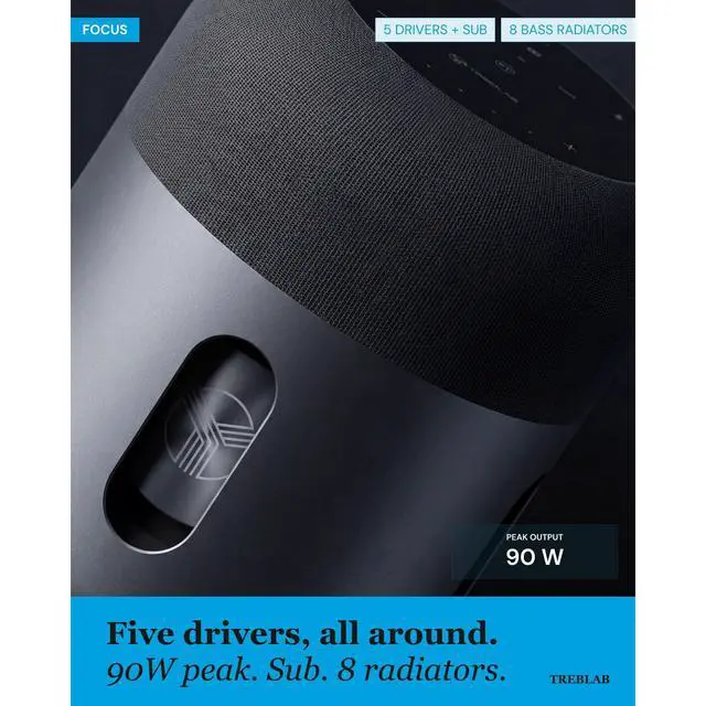 Alt view image 6 of 7 - HD-360-Pro Portable Bluetooth Speaker, 360° 90W NFC | 5 drivers + subwoofer, 8 bass radiators, 22H battery, 3 EQ modes, TWS stereo pair, touch panel, AUX, USB-C