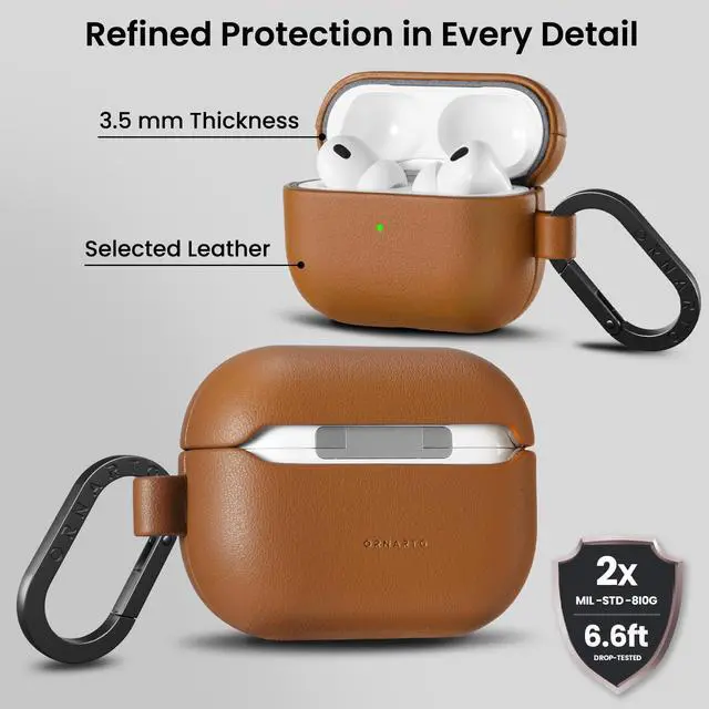 Alt view image 3 of 7 - for AirPods Pro 3 Case, Vegan Leather Cover, Brown Leather | Vegan Leather Cover, Front LED Visible, Wireless Charging, Anti-Scratch, Soft Touch, Metal Carabiner