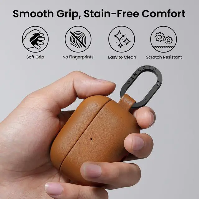 Alt view image 4 of 7 - for AirPods Pro 3 Case, Vegan Leather Cover, Brown Leather | Vegan Leather Cover, Front LED Visible, Wireless Charging, Anti-Scratch, Soft Touch, Metal Carabiner