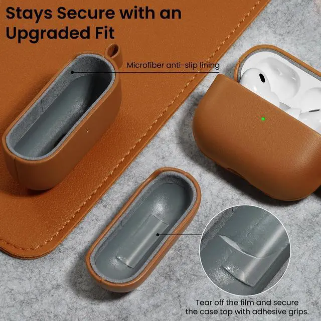 Alt view image 6 of 7 - for AirPods Pro 3 Case, Vegan Leather Cover, Brown Leather | Vegan Leather Cover, Front LED Visible, Wireless Charging, Anti-Scratch, Soft Touch, Metal Carabiner