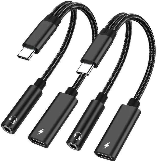 Main image of 2 Pack USB C to 3.5mm Headphone and Charger Adapter, 2 in 1 Hi-Res 32bit/384kHz Aux to USB C with Safe PD 60W Fast Charging Dongle Cable for iPhone 17/16, Galaxy S26/S25, Google Pixel 10/9, and more