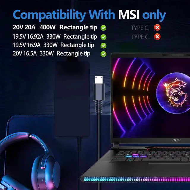 Alt view image 3 of 7 - 400W 20V 20A AC Adapter for MSI Raider Titan 18 HX AI A2XWJG A2XWIG Vector A18 HX A9WIG A9WHG Laptop Charger A23-400P1A A400A001P ADP-400CB B Power Supply