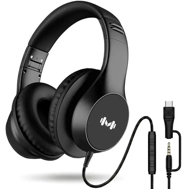 Main image of Wired Over Ear Headphones with Mic, USB-C Adapter, Black | USB-C adapter included, 3.5mm connection, comfortable ear cushions, lightweight design with mic for work, calls and daily use