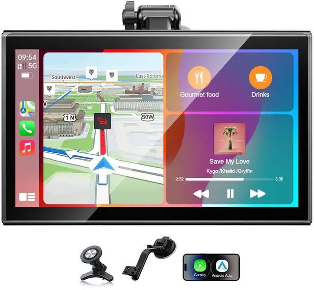 Main image of 7" Wireless CarPlay and Android Auto Screen with Magnetic Mount | Portrait/Landscape Switch, Portable Car Stereo with Bluetooth, Mirror Link, GPS Navigation, OTA Update, Siri/Google Assistant