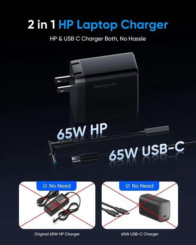 Alt view image 4 of 7 - 65W HP Laptop Charger with USB-C Device Charging | Charge compatible USB-C devices or HP laptops with the included 4.5mm Blue Tip adapter