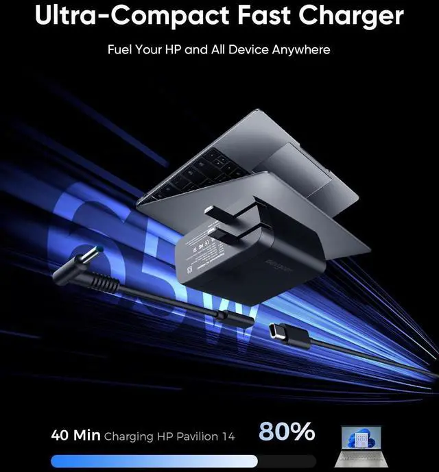Alt view image 6 of 7 - 65W HP Laptop Charger with USB-C Device Charging | Charge compatible USB-C devices or HP laptops with the included 4.5mm Blue Tip adapter