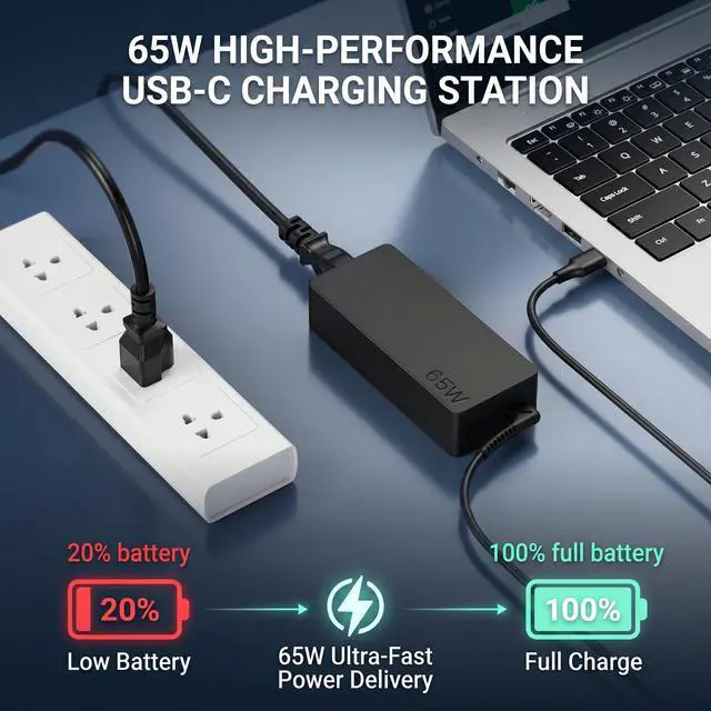Alt view image 6 of 7 - 65W USB C Charger for LG Gram 14 15 16 17, 20V 3.25A Laptop Charger Compatible with USB-C Charging Laptops, AC Power Adapter for LG Gram 17Z90P 16Z90P 15Z90P 14Z90P 16Z90Q 15Z90Q