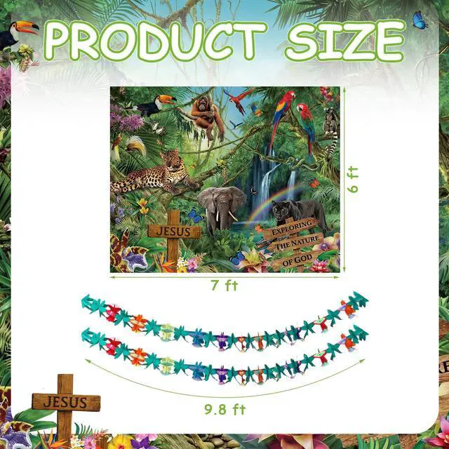 Alt view image 2 of 7 - 3 Pcs Vbs 2026 Decorations 7x6 ft Rainforest Falls Backdrop with 2 Pcak 9.8 ft Garland Set Tropical Bible Theme for Sunday School Photo Props Banner Hawaiian Jungle Party Supplies