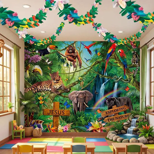 Main image of 3 Pcs Vbs 2026 Decorations 7x6 ft Rainforest Falls Backdrop with 2 Pcak 9.8 ft Garland Set Tropical Bible Theme for Sunday School Photo Props Banner Hawaiian Jungle Party Supplies