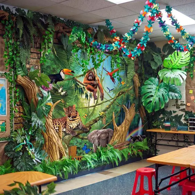 Alt view image 5 of 7 - 3 Pcs Vbs 2026 Decorations 7x6 ft Rainforest Falls Backdrop with 2 Pcak 9.8 ft Garland Set Tropical Bible Theme for Sunday School Photo Props Banner Hawaiian Jungle Party Supplies