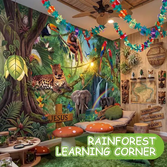 Alt view image 6 of 7 - 3 Pcs Vbs 2026 Decorations 7x6 ft Rainforest Falls Backdrop with 2 Pcak 9.8 ft Garland Set Tropical Bible Theme for Sunday School Photo Props Banner Hawaiian Jungle Party Supplies