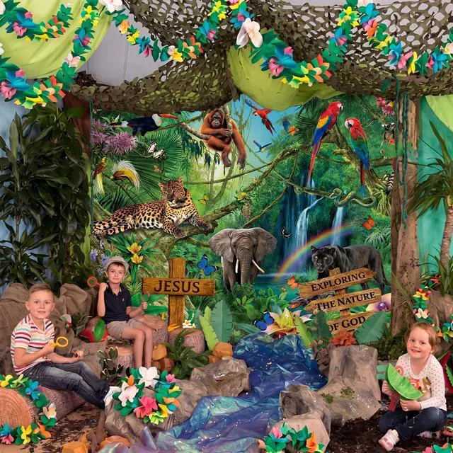 Alt view image 7 of 7 - 3 Pcs Vbs 2026 Decorations 7x6 ft Rainforest Falls Backdrop with 2 Pcak 9.8 ft Garland Set Tropical Bible Theme for Sunday School Photo Props Banner Hawaiian Jungle Party Supplies