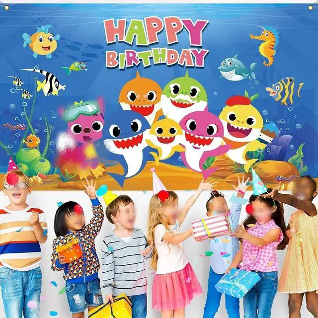 Alt view image 5 of 6 - Baby Birthday Party Shark Background (71 inches * 47 inches), Blue Cartoon Ocean Photo Background for Baby Gifting Party Decoration, Shark Decorations and Party Supplies (Pink) (Pink)
