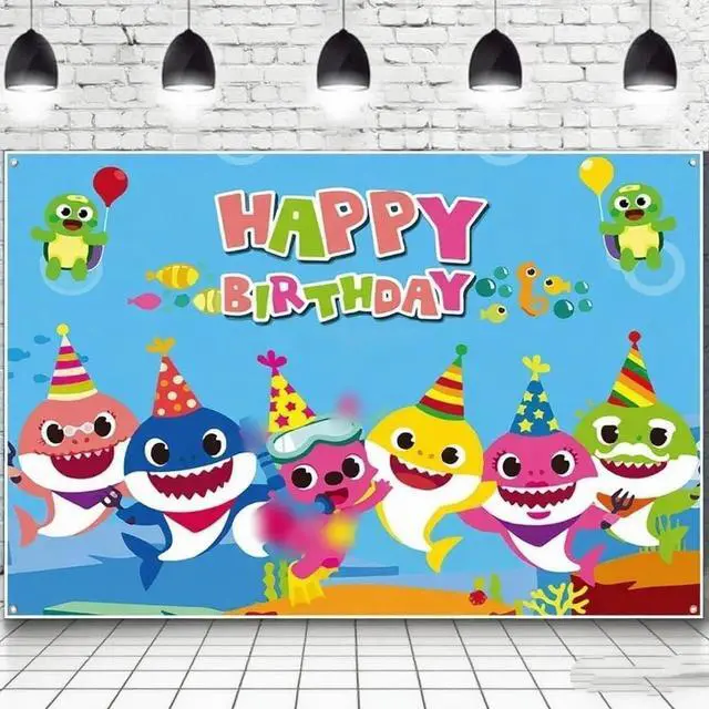 Alt view image 3 of 5 - Baby Birthday Party Shark Background (71 inches * 47 inches), Blue Cartoon Ocean Photo Background for Baby Gifting Party Decoration, Shark Decorations and Party Supplies (Blue)