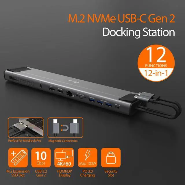 Alt view image 2 of 7 - USB C Dual 4K 60Hz Display Docking Station (12-in-1), Built-in M.2 | SSD Slot, HDMI, DisplayPort, 10Gbps USB-A, Card Reader, PD 100W, Ethernet, for 2021 MacBook Pro (JCD552)