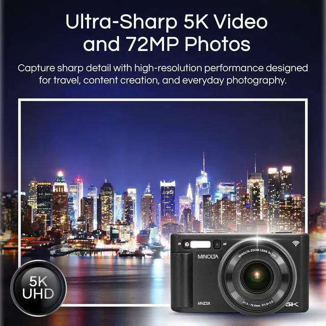 Alt view image 2 of 5 - MNZ3X 72MP 5K Digital Camera, w/24-75mm Optical Zoom Lens (Black) | Capture sharp HD video with an easy-to-use touchscreen and versatile zoom for everyday recording