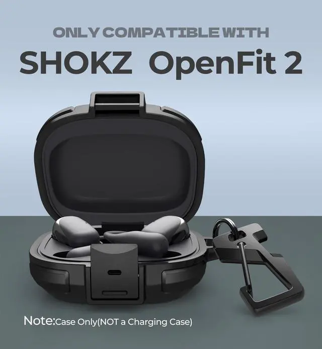 Alt view image 2 of 6 - for Shokz OpenFit 2 Case with Drop-Proof Lock, Shockproof Rugged Bumper Cases Protective Cover with Carabiner & Keyring & Cleaner Kit for Shokz OpenFit 2 (2025) Black
