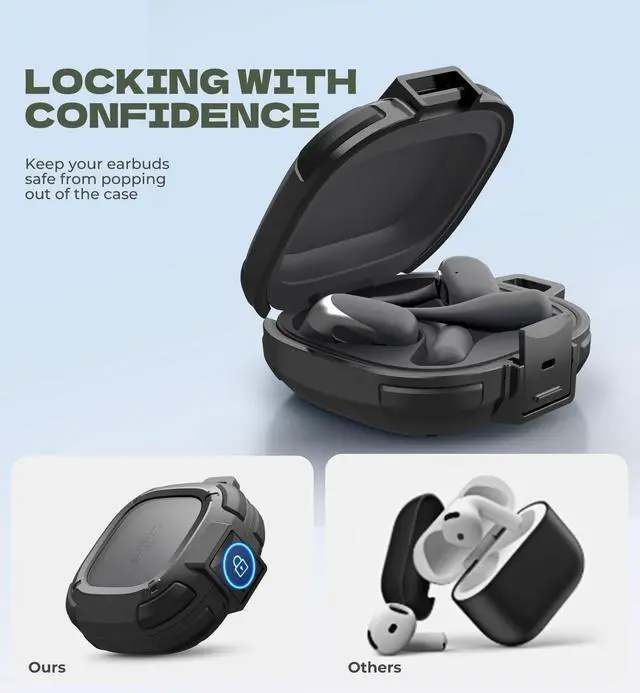 Alt view image 3 of 6 - for Shokz OpenFit 2 Case with Drop-Proof Lock, Shockproof Rugged Bumper Cases Protective Cover with Carabiner & Keyring & Cleaner Kit for Shokz OpenFit 2 (2025) Black