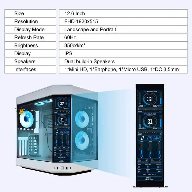 Alt view image 4 of 7 - 12.6 Inch IPS LCD Touch Screen Monitor FHD 1920x515 Display, Fit for Hyte Y60 PC Case CPU GPU Secondary Monitor Panel, Built-in Dual Speakers, Plug & Play,with up to 10-Points of Multi-Touch