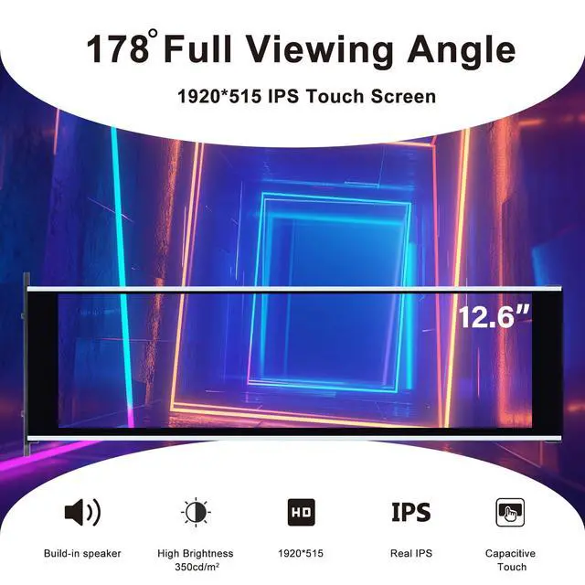 Alt view image 3 of 7 - 12.6 Inch IPS LCD Touch Screen Monitor FHD 1920x515 Display, Fit for Hyte Y60 PC Case CPU GPU Secondary Monitor Panel, Built-in Dual Speakers, Plug & Play,with up to 10-Points of Multi-Touch