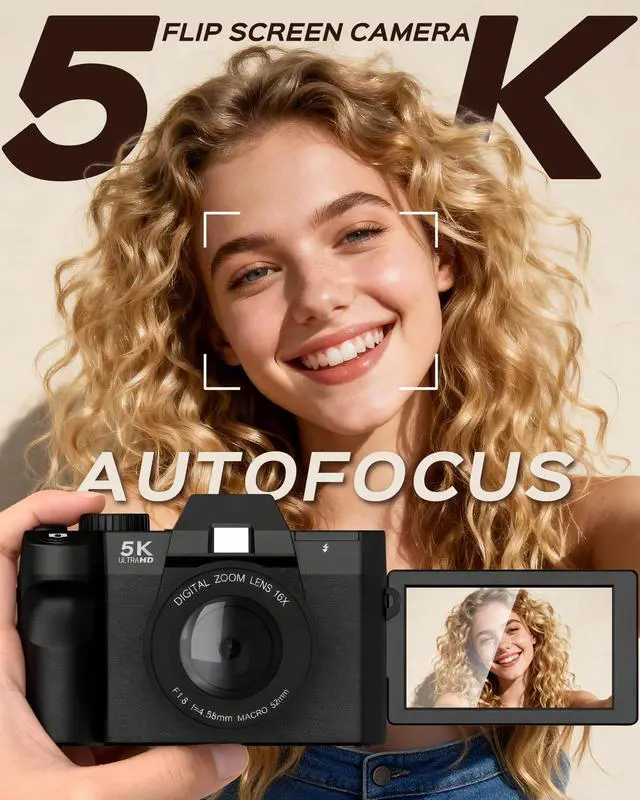 Alt view image 2 of 7 - 5K Digital Camera for Photography with Wide Angle & Macro Lens | Flip Screen, Wireless WiFi Connection, Beginners Camera with Microphone, 32GB MicroSD Card, Card Reader, 2 Batteries, Charger