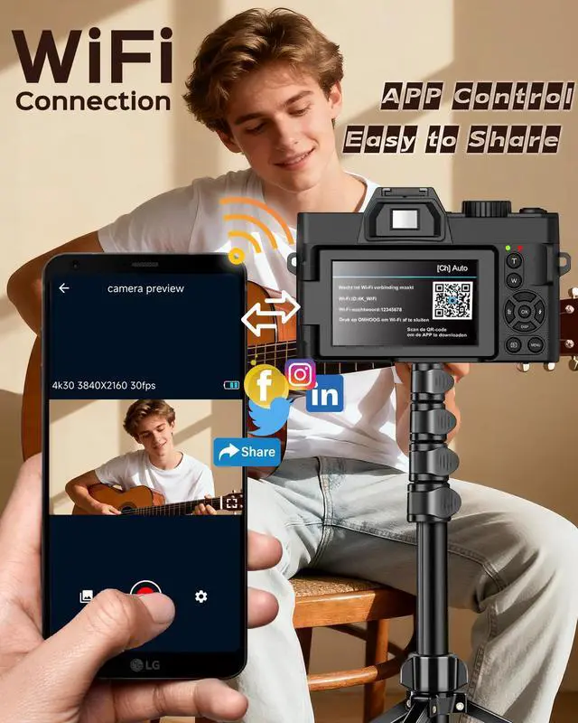 Alt view image 4 of 7 - 5K Digital Camera for Photography with Wide Angle & Macro Lens | Flip Screen, Wireless WiFi Connection, Beginners Camera with Microphone, 32GB MicroSD Card, Card Reader, 2 Batteries, Charger
