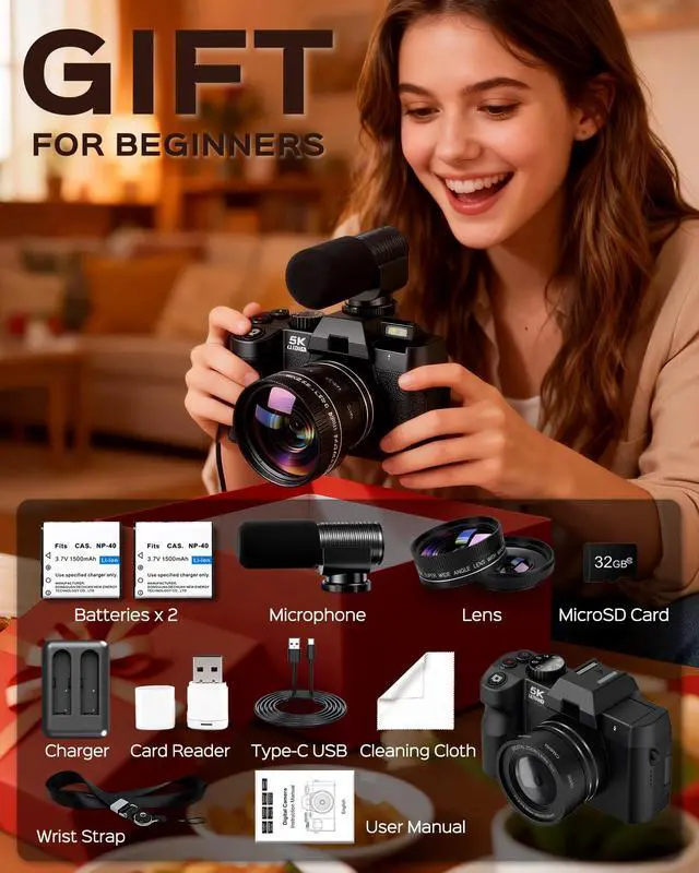 Alt view image 7 of 7 - 5K Digital Camera for Photography with Wide Angle & Macro Lens | Flip Screen, Wireless WiFi Connection, Beginners Camera with Microphone, 32GB MicroSD Card, Card Reader, 2 Batteries, Charger