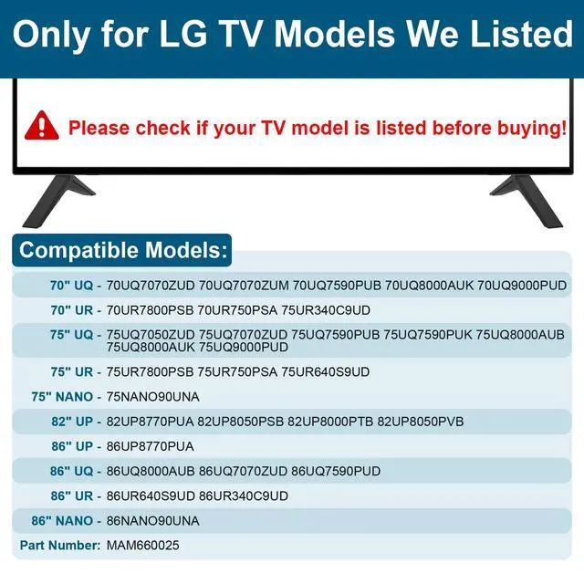 Alt view image 3 of 7 - TV Stand for LG TV Legs Replacement, for 75UQ9000PUD 70UP8070 70UQ7070ZUD 70UQ7590PUB 70UQ8000 75UP8070 75UQ8000 82UP8770 86UP8770 86UQ8000 86UQ7070, Only for LG 70" 75" 82" 86" TV Models We List