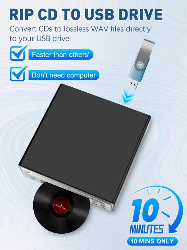 Alt view image 2 of 7 - HiFi CD Player for Home, CD Ripper, Bluetooth Car CD Player with USB Ripping, Rip CD to USB, External High-Fidelity Player for Car with Optical, AUX outputs, Bluetooth Transmitter/Receiver