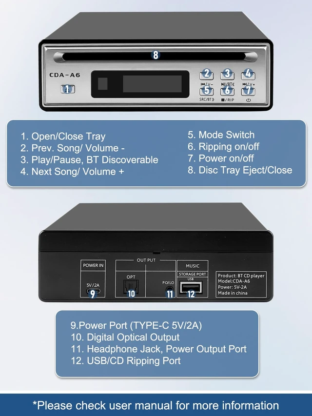 Alt view image 6 of 7 - HiFi CD Player for Home, CD Ripper, Bluetooth Car CD Player with USB Ripping, Rip CD to USB, External High-Fidelity Player for Car with Optical, AUX outputs, Bluetooth Transmitter/Receiver